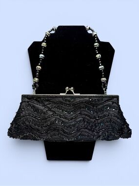 VTG Black Beaded Sequined Evening Clutch Purse Kiss Lock Art Glass Bead Handle